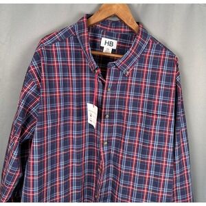 Harbor Bay Easy Care Plaid Button Down Shirt Men's 3XL Navy Red Blue